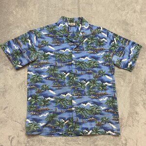 Vintage Hawaiian Shirt Mens L Evergreen Island Blue Palm Tree USA Made